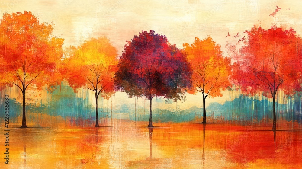 Poster vibrant autumn trees in artistic layers reflecting captivating colors with spacious copy area for te