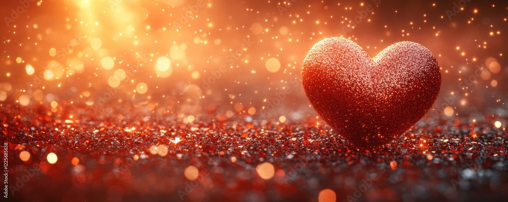 Poster glittering red heart with sparkling bokeh on a magical background