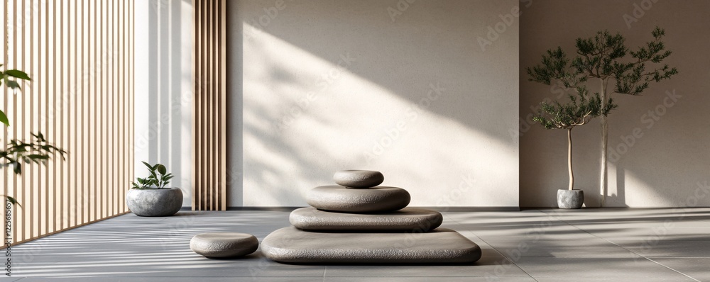 Aufkleber sunbeams filtering through a wooden slat divider into a simple meditation space with a stone cairn