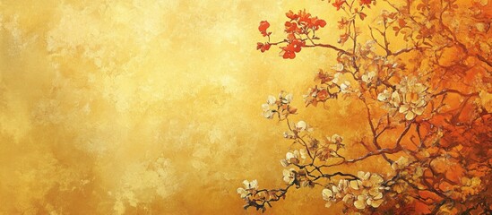 Fototapeta premium Dreamy golden landscape with floral textures in watercolor style creating a serene atmosphere and ample space for text insertion.