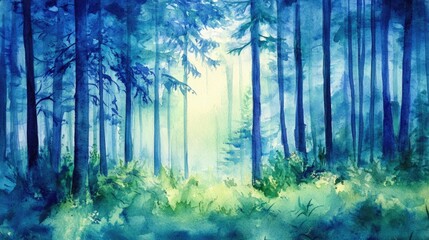 Vibrant watercolor forest scene with sapphire blue and forest green hues creating an inviting backdrop for text or design elements