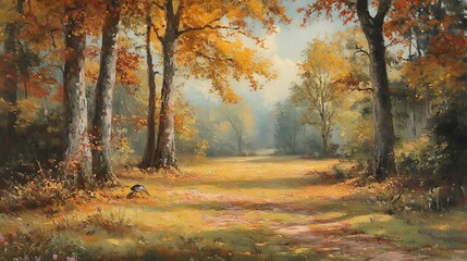 Obraz premium A peaceful woodland clearing with a carpet of moss, dappled sunlight, and the sound of birdsong