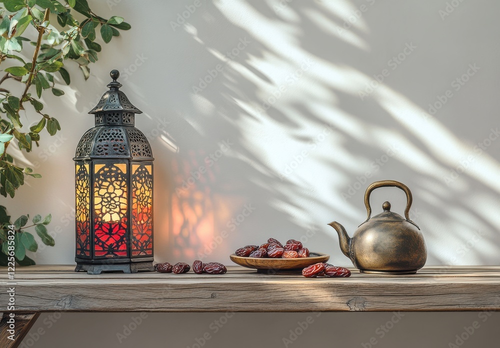 Aufkleber warm and inviting table setup with decorative lantern, teapot, and plate of dates against a soft wal