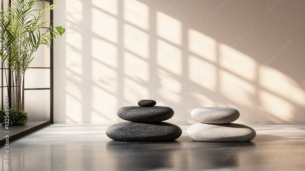 Poster sunlight casting shadows of window on wall in modern minimalist room with stone cairn