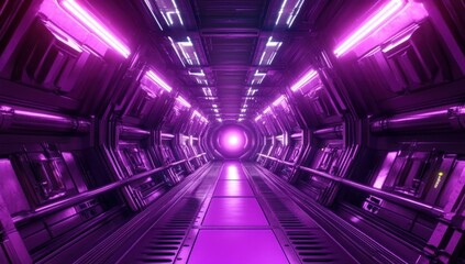 Neon Purple Spaceship Corridor: Futuristic Sci-Fi Interior Design