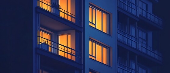 Obraz premium Illuminated windows of a high-rise apartment building create a striking silhouette against the night urban landscape.