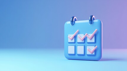 3d Calendar with checkmark or checklist icon. Minimal cartoon blue calendar with 3D render