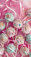 Fototapeta premium Pink and Teal Cake Pops: Delicate cake pops adorned with sparkling sugar crystals and pastel hues, creating a visually stunning and delightful treat.