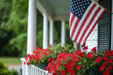 American flag on the front porch of an American home, with red flowers in flower boxes below it The flag is waving gently Generative AI
