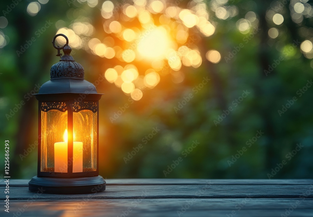 Aufkleber warm glow of candle lantern in nature during sunset with soft bokeh effects as light flares through 