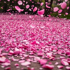 Pink flower petals scattered on the ground, vibrant and romantic scenery, nature background, copy space