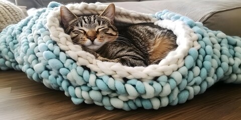 Naklejka na ściany i meble Adorable Tabby Cat Sleeping in Cozy Knitted Pet Bed