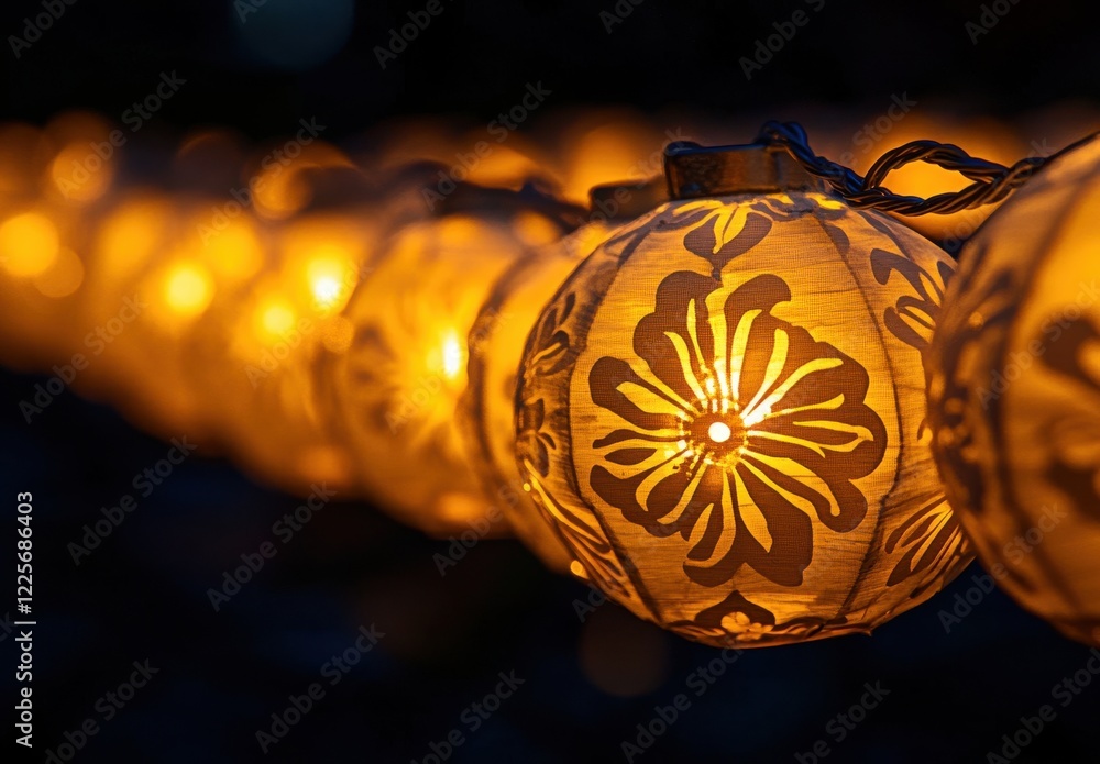 Poster warm glow of intricately designed paper lanterns illuminating a night scene with beautiful floral pa
