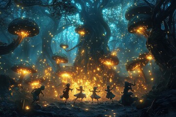 Obraz premium Enchanted Forest Girls Dance Among Glowing Mushrooms