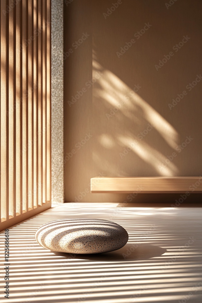 Aufkleber sunbeams filtering through wooden slats, casting light on a stone and bench in a simple room