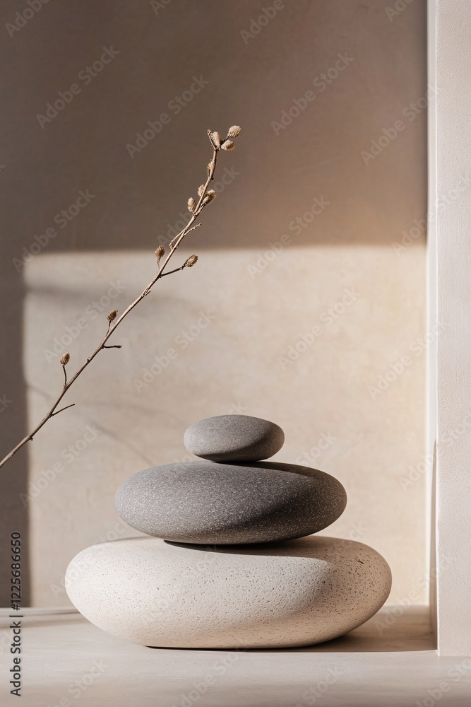 Aufkleber three grey zen stones balancing on top of each other creating harmony with a dried flower branch