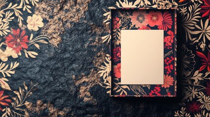 A creative matchbox-inspired DIY template with intricate floral patterns, bold contrasting colors, and a customizable blank space for personalized text or art, set against a smooth textured backdrop.