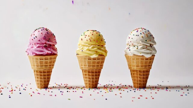 Colorful ice cream cones with sprinkles slowly moving on white background in succession