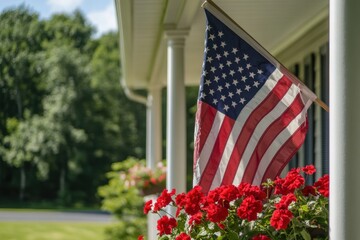 An American flag waves on the front porch of a home, with red flowers in the flower boxes below it Generative AI