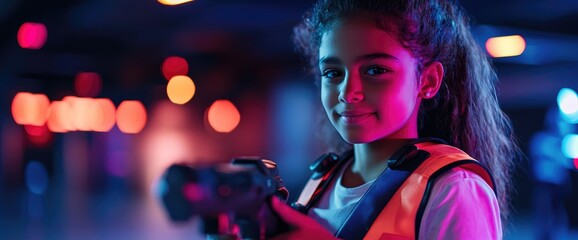 Girl playing laser tag, neon lights, fun arcade