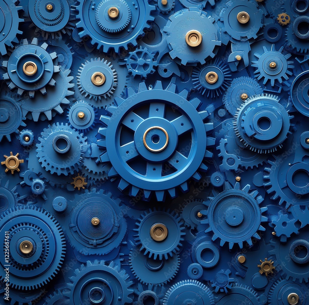 Poster intricate blue gears and cogs illustrating mechanical complexity and engineering