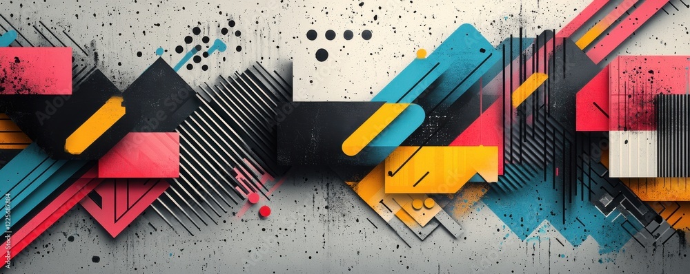 Poster vibrant geometric abstraction with circles and rectangles on a gray background
