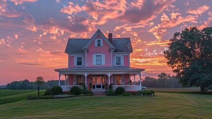 Charming pink house, country home with porch, vibrant sunset sky, peaceful rural setting, open landscape, golden hour glow, rustic and cozy farmhouse, serene countryside scene

