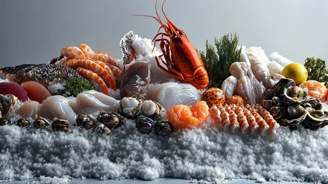 Vibrant seafood display with fresh lobster, fish, and shellfish arrangement