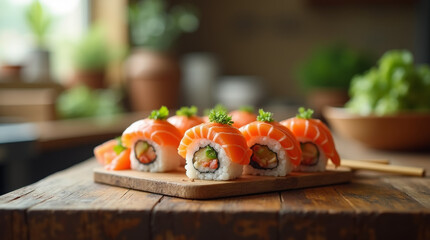 Fresh Salmon Sushi Rolls with Vibrant Garnish on a Rustic Wooden Table