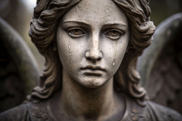 Obraz premium Weathered stone angel statue weeps tears of death in cemetery emotional close-up serene environment