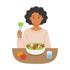 A woman eating a fresh bowl of salad smiling with a healthy lifestyle. Diet food for life. Healthy foods with benefits. Healthy and vegan food concept.