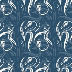 Elegant seamless pattern with abstract floral elements in white on a dark blue background. Perfect for textile, wallpaper, and decorative projects with a modern and sophisticated design