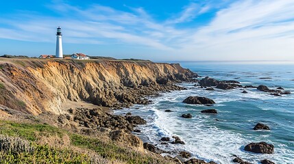 A rugged coastline with jagged cliffs, crashing waves, and a lighthouse standing tall against the sky