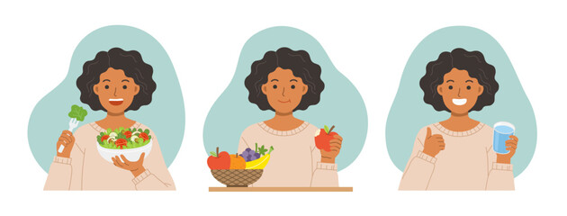 A woman eating salads, eating fresh fruit and drinking water from glass.  Healthy foods with benefits. Healthy and vegan food concept.