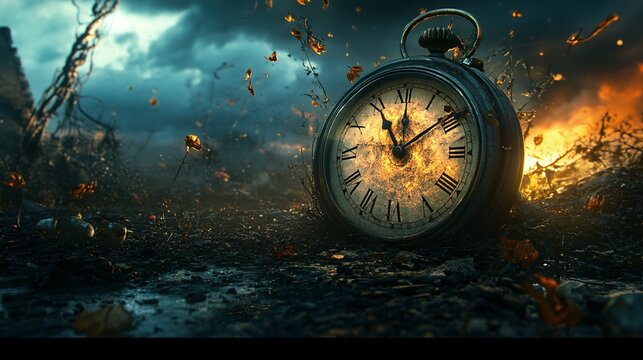 Antique pocket watch is melting on a battlefield symbolizing lost time and the destruction of war