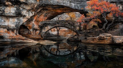 Autumnal canyon reflection, natural stone bridges, tranquil water
