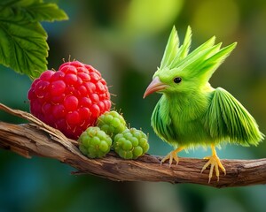 Vibrant Green Bird with Raspberry and Berries on Branch
