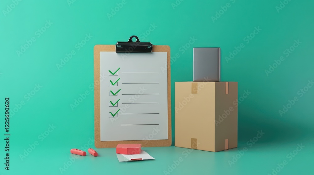 Aufkleber 3d cardboard box and clipboard with products order delivery failed checklist with 3d render