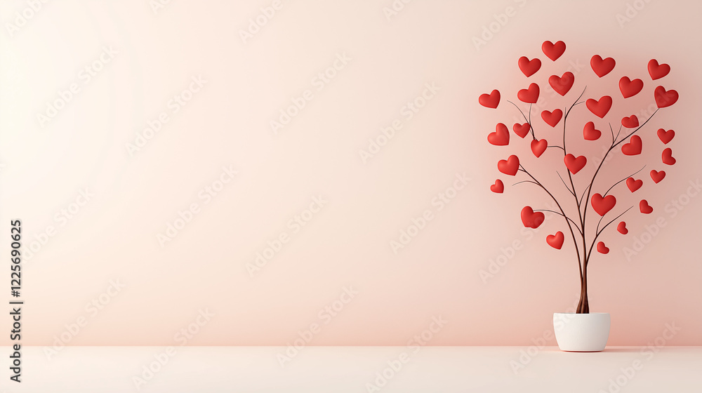 Wall mural Minimalist love tree with red heart-shaped leaves in a white pot against a soft pink background, romantic Valentine’s Day concept for affection and emotional warmth