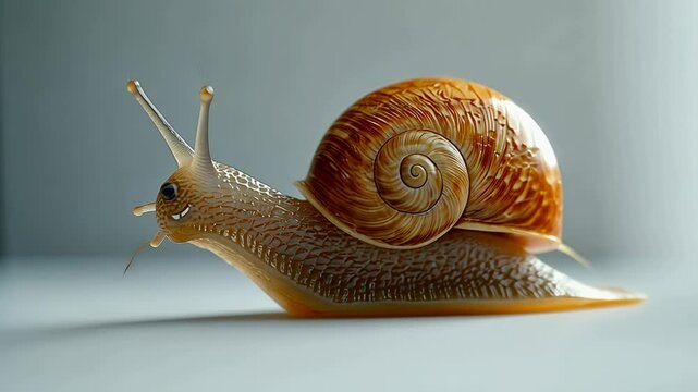 Watch as a snail elegantly crawls along a smooth surface, highlighting its beautiful spiral shell and glistening trail.