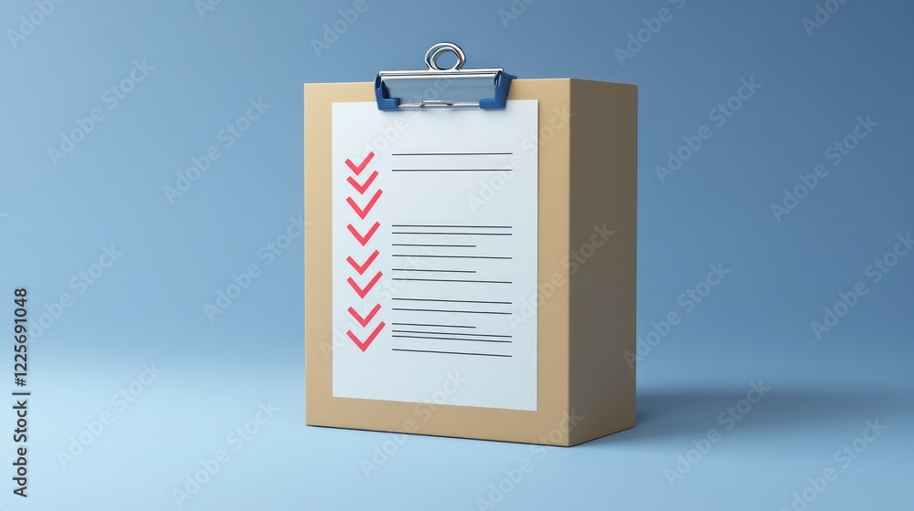 Poster 3d cardboard box and clipboard with order checklist, correct, confirm icon. confirmed 3d render