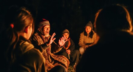 Elderly male storytelling to diverse group around campfire at night