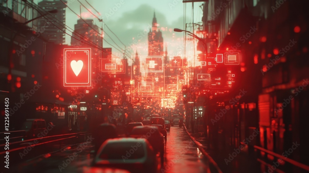 Aufkleber an evolving hologram of a city bustling with activity with vital signs and health indicators hoverin