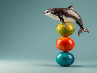 A playful gray whale figurine balancing on colorful marbles, showcasing creativity and imagination. Massive Balance, Fragile Stability