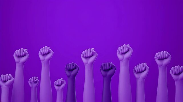 Fists raised on a purple background symbolizing the feminist movement and women's emancipation. International Women's Day Concept