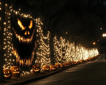 Spooky Halloween Night Scene Jack O Lantern Lights