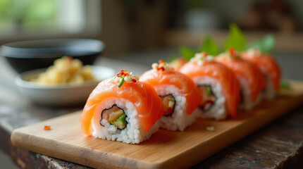 Elegant Salmon Sushi Rolls with Garnish on a Rustic Wooden Board