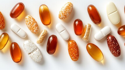 Variety of colorful dietary supplements arranged on a clean surface