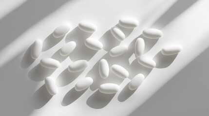 White tablets scattered on a light background with soft shadows