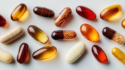 Variety of dietary supplements arranged neatly on a plain surface